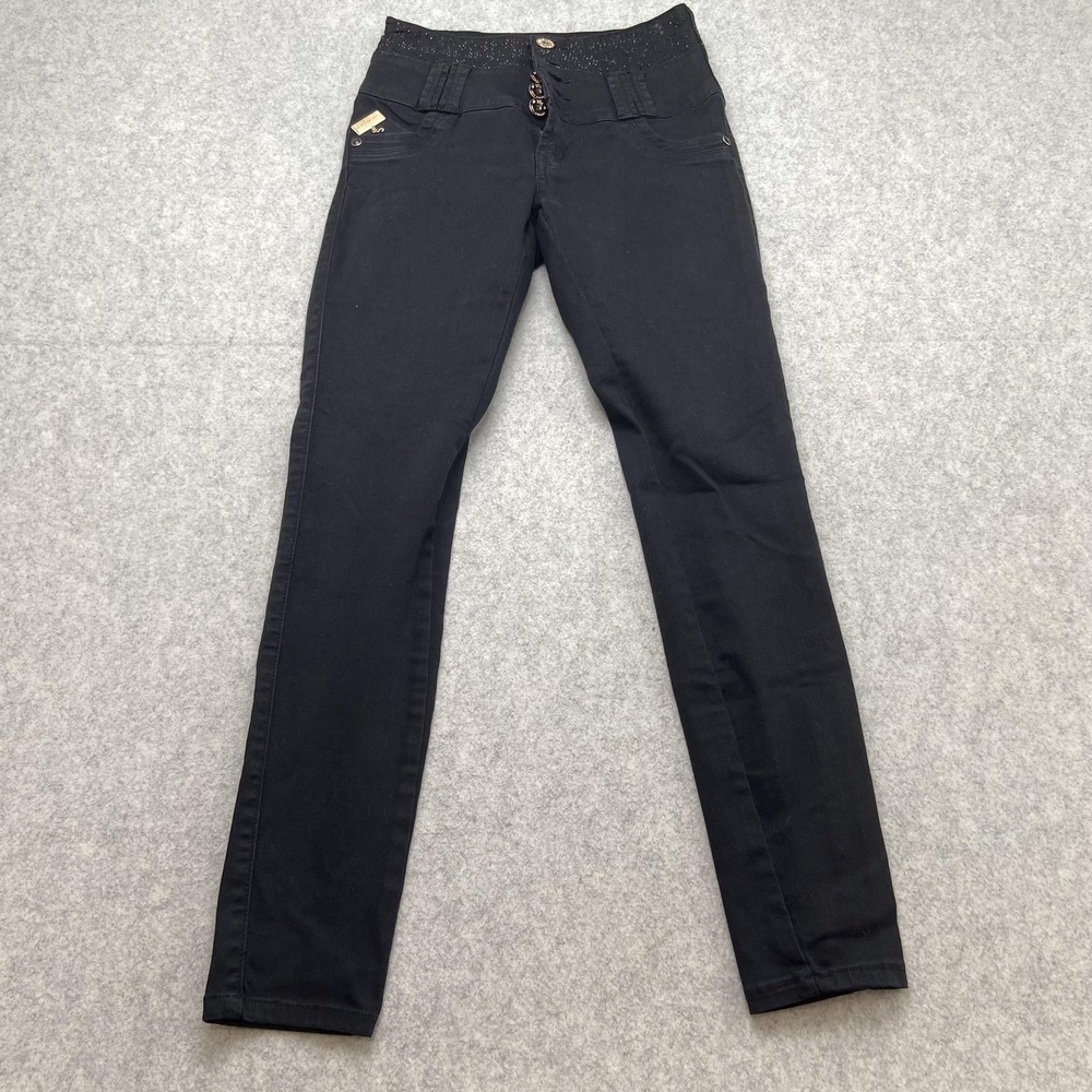 Sexy Couture Skinny Jeans Juniors 7 (27x29) Black Sequin Waist Stretch Denim